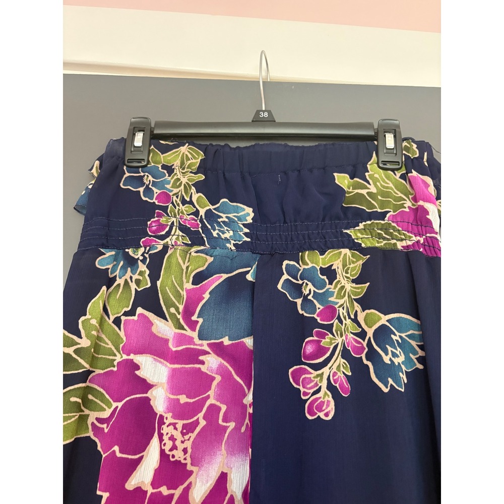 Floral Strapless Maxi Dress Navy Blue Pink Teal Ruffle Tube Top Summer Chiffon - Picture 4 of 6